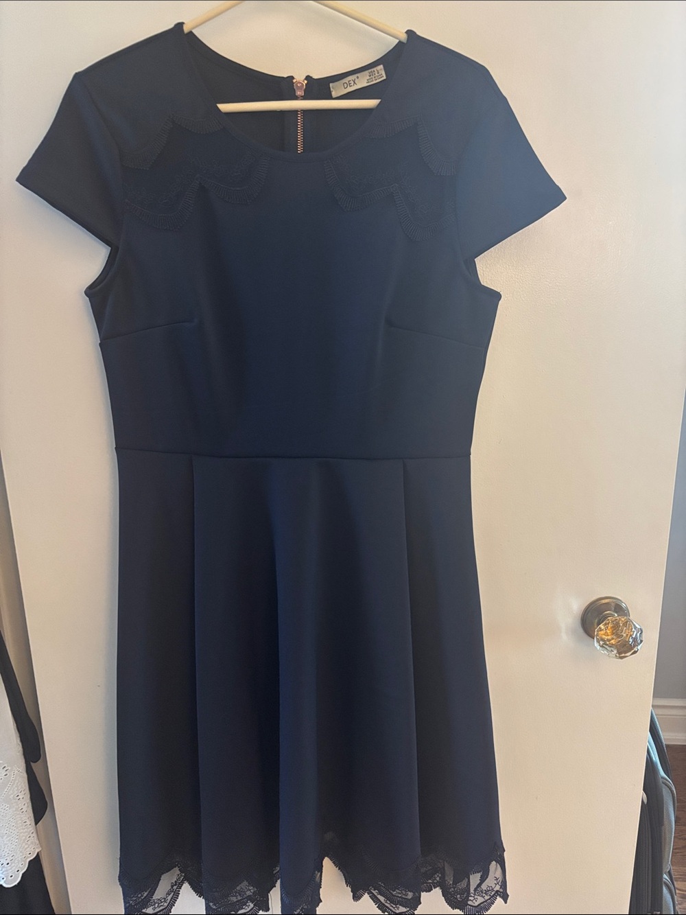 Dex Navy Short-Sleeve Fit & Flare Dress with Lace Trim